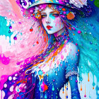 Colorful illustration of woman with floral hat and flowing hair in dynamic paint splash