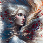 Ethereal painting: Woman with white and orange hair, red snowflake patterns