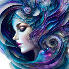 Colorful digital artwork: Woman with cosmic and floral hair in blue, purple, teal