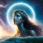 Mystical portrait of woman with halo and leaf crown in ocean waves