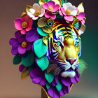 Colorful Tiger Head Illustration with Flowers and Leaves