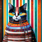 Colorful Cat Artwork with Human-Like Posture and Striped Outfit