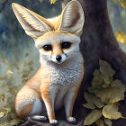 Realistic digital illustration of fennec fox with large ears and expressive eyes beside tree and golden leaves