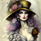 Illustrated portrait of woman with purple wavy hair and ornate floral hat.