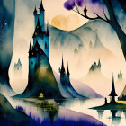 Silhouetted castles in fantasy landscape at twilight