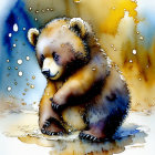 Baby bear illustration in snow with falling snowflakes
