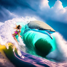 Vibrant surreal image: woman surfing wave with metallic shark