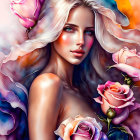 Colorful digital portrait of a woman with flowing hair and roses on pastel background