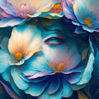 Surreal blue eye surrounded by vibrant flowers