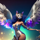 Fantasy art of female figure with cat head, angelic wings, metallic bodysuit, and