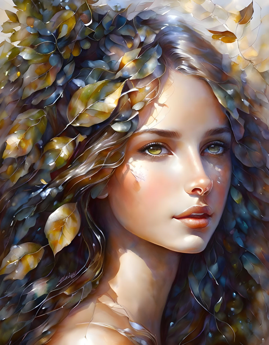 Ethereal woman with flowing hair and autumn leaves in dappled light