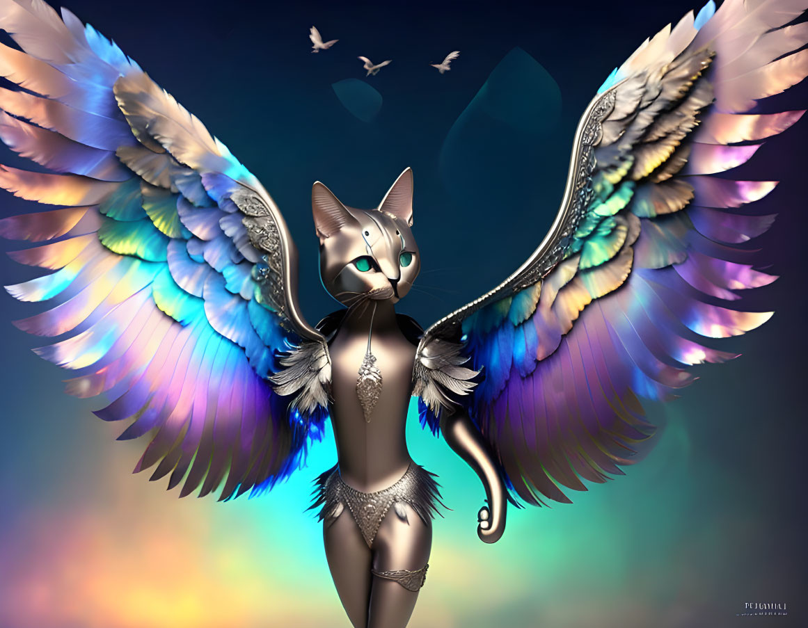 Anthropomorphic cat with iridescent wings on colorful backdrop