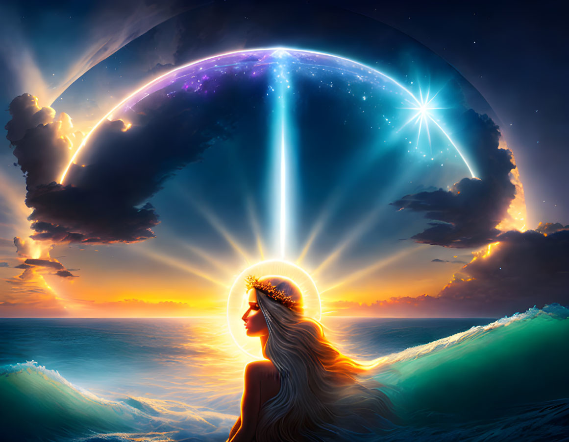 Woman's side profile with glowing halo against ocean backdrop and cosmic sky.