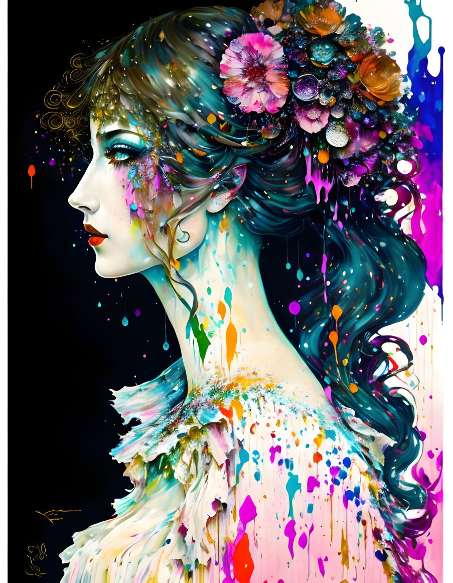 Vibrant Woman's Profile with Floral Hair and Paint Splashes