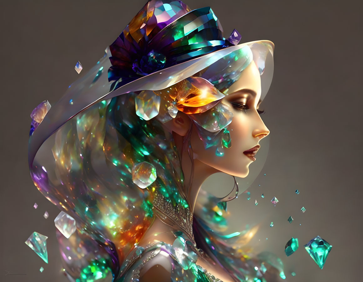 Iridescent hat and glowing gemstones on woman's hair.