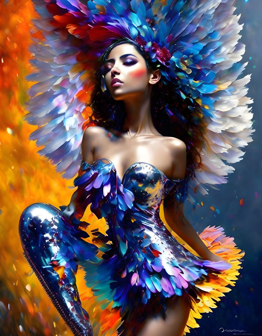 Vibrant digital artwork of a woman with feathered wings and ornate bodysuit