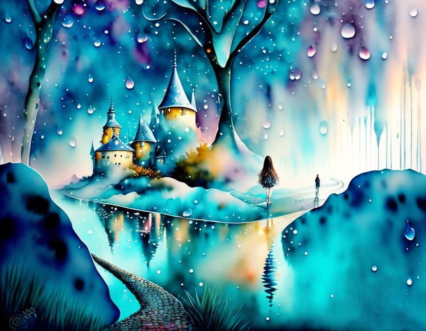 Person on Path to Glowing Castle in Whimsical Landscape
