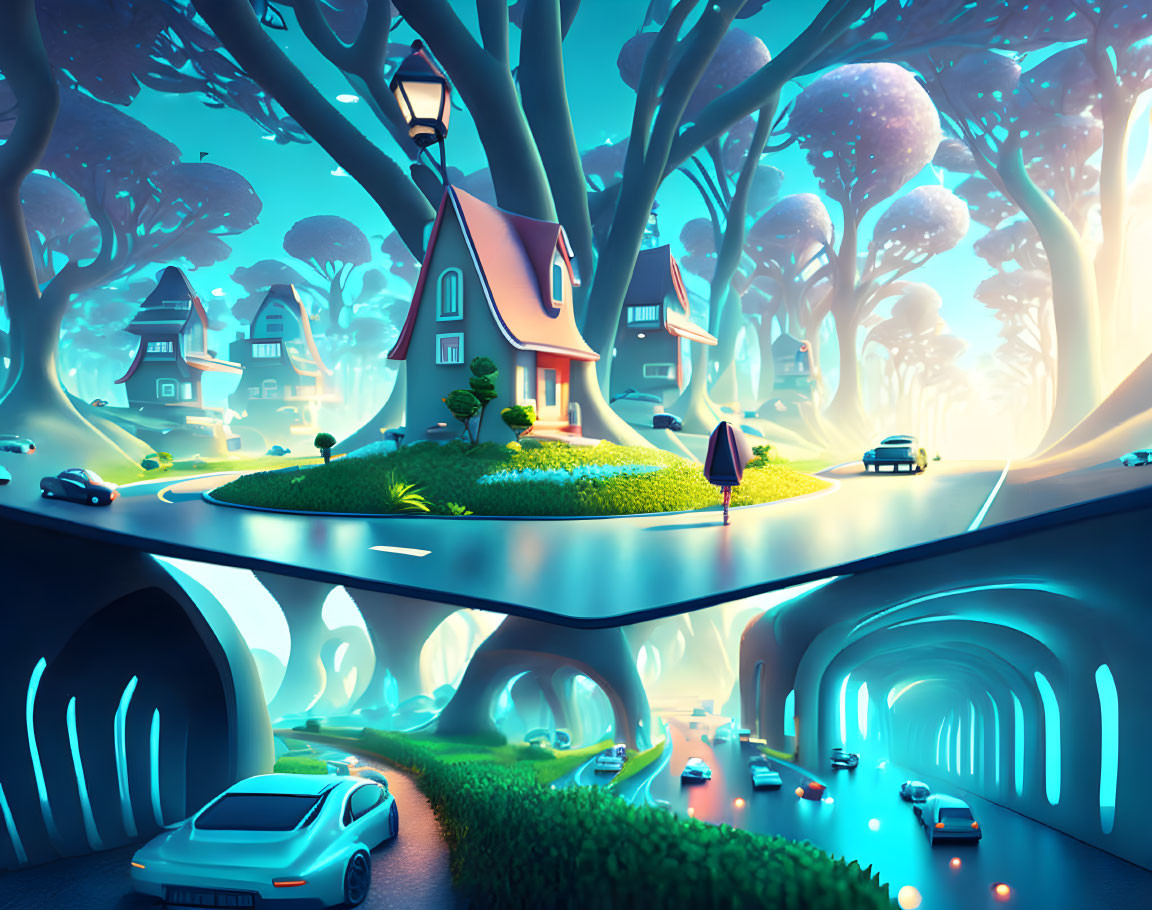 Floating Island with Quaint House, Trees, and Tunnel in Surreal Blue Landscape