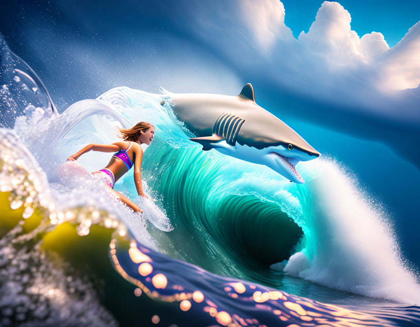 Vibrant surreal image: woman surfing wave with metallic shark