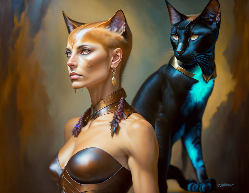 Woman with Cat-Like Features and Black Cat Against Abstract Background