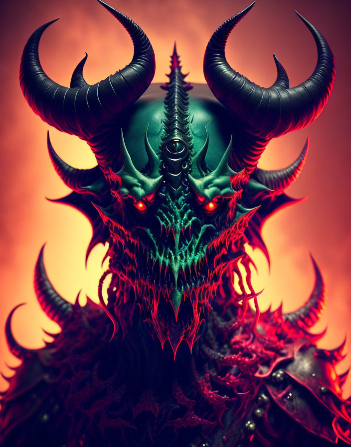 Fantasy creature with glowing red eyes and twisted horns on fiery red backdrop