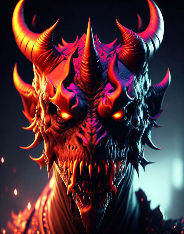 Digital illustration of demonic creature with glowing eyes and horns