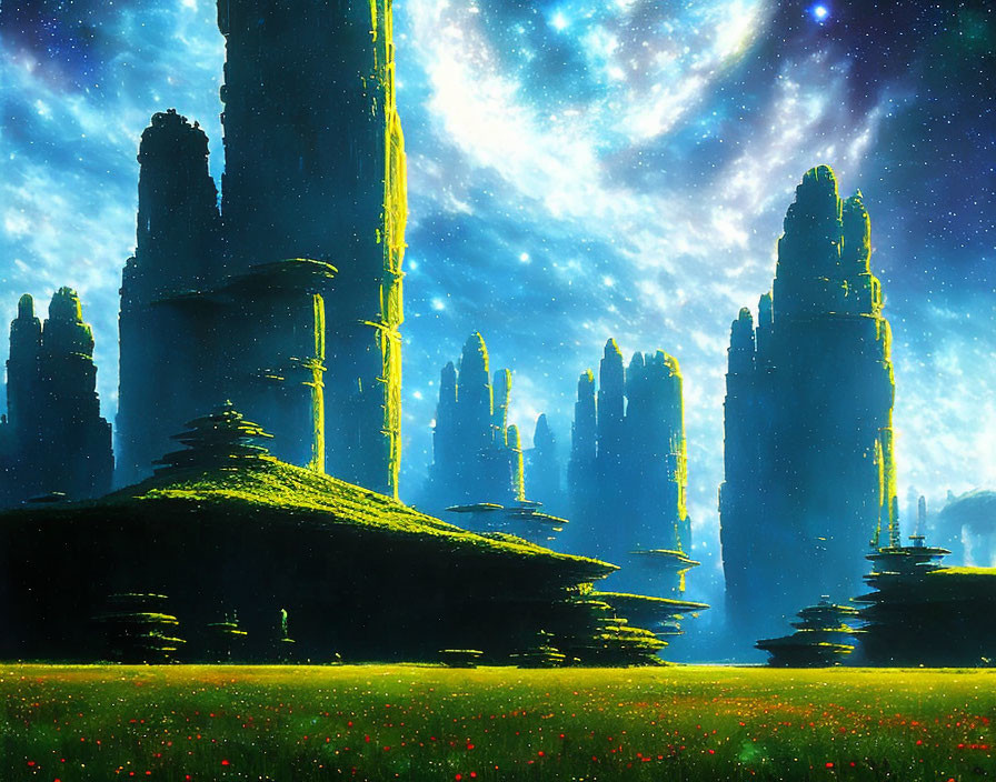 Fantastical landscape with towering rock formations and starry sky.