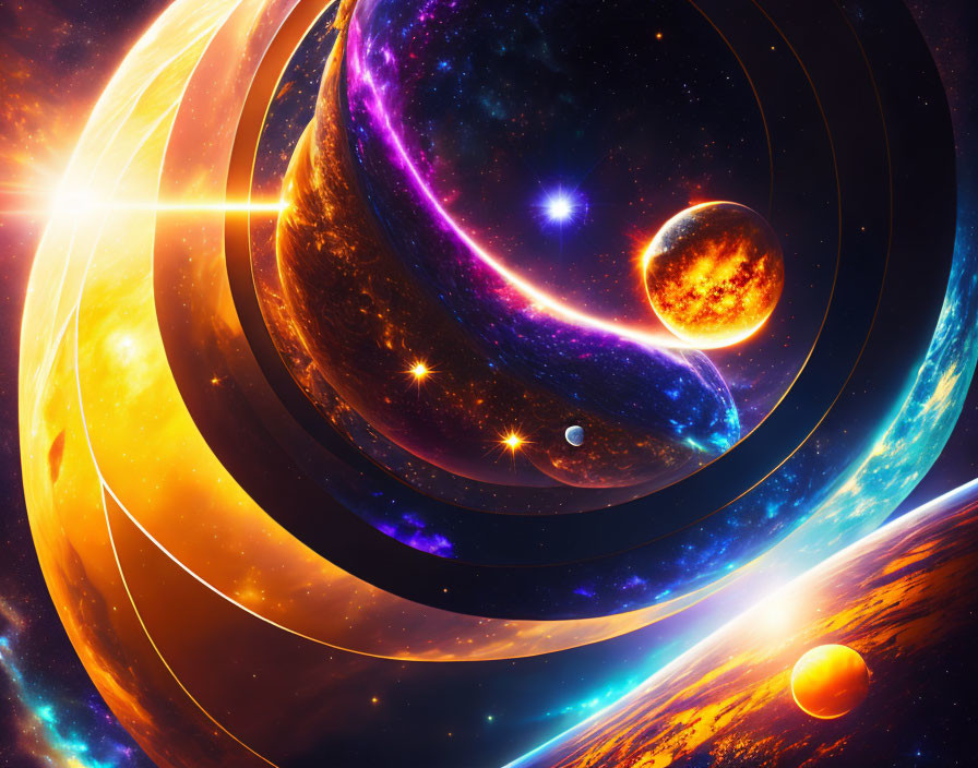 Digital Art: Cosmic Scene with Galaxies, Stars, and Planets in Fiery Hues