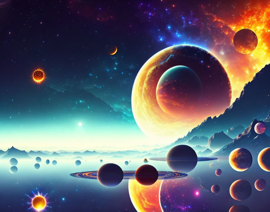 Colorful cosmic scene with planets and moons against starry sky