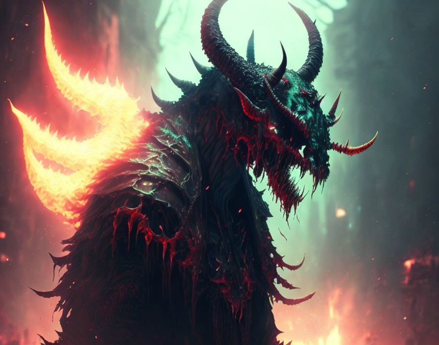 Sinister horned demon with glowing eyes and fiery wings in dark misty setting