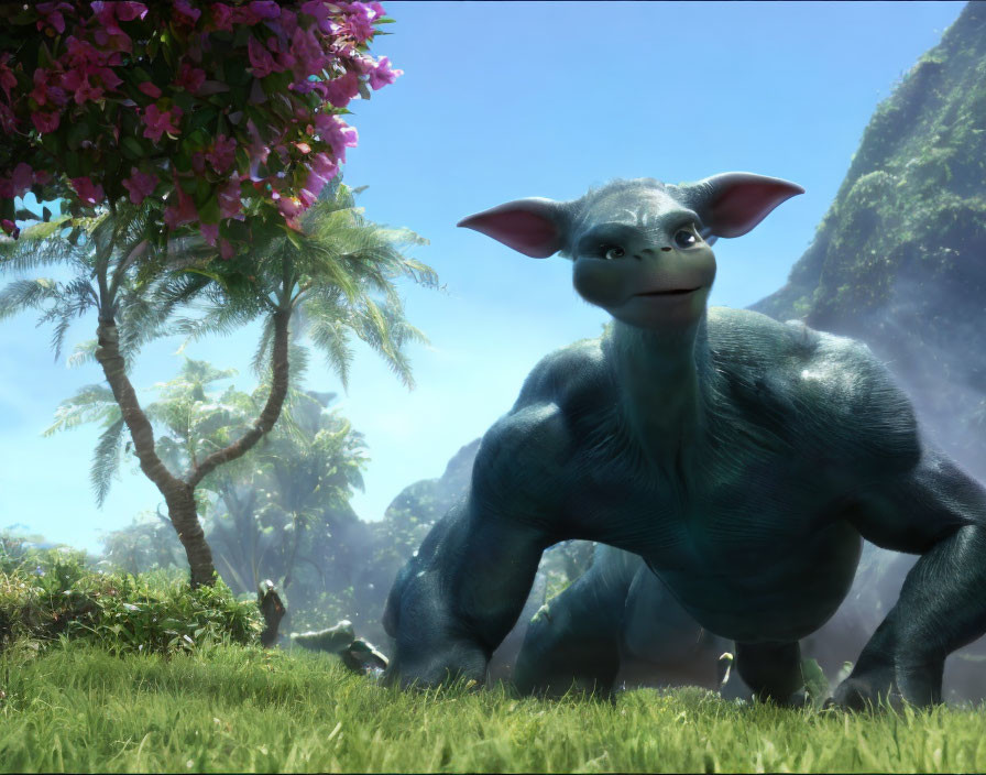 Animated blue creature in lush green landscape with pink flowers