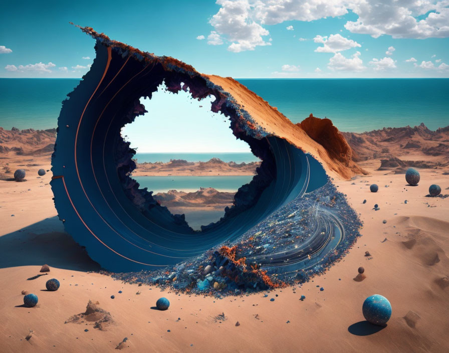 Surreal desert landscape with twisted rock formation and scattered spheres