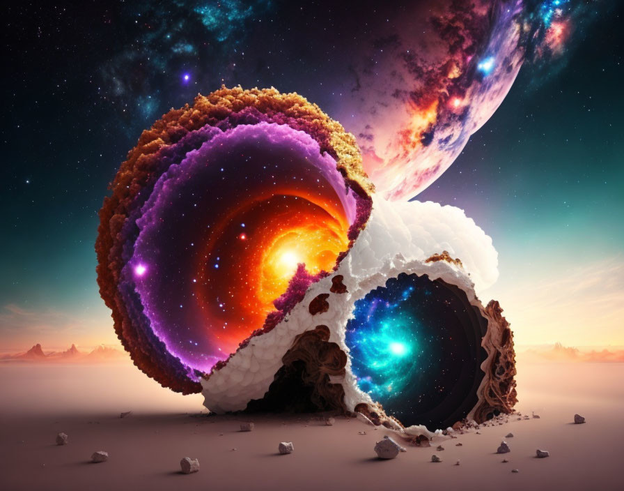 Surreal split spherical object with celestial scenes on cosmic desert backdrop