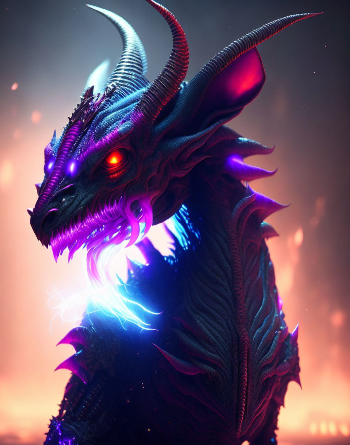 Majestic dragon with red eyes, horns, scales, in fiery setting.