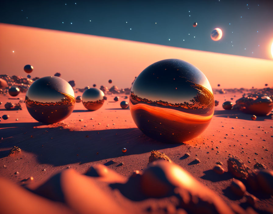 Surreal landscape with reflective spheres on desert-like surface under cosmic sky.