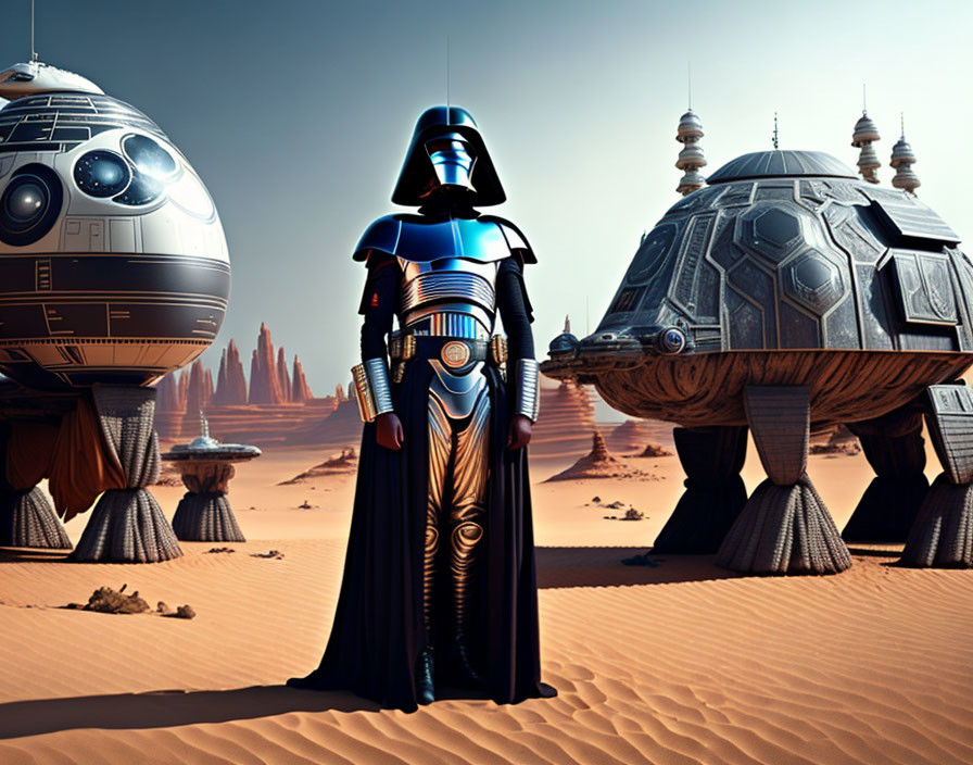 Sci-fi characters in desert with futuristic buildings and spires