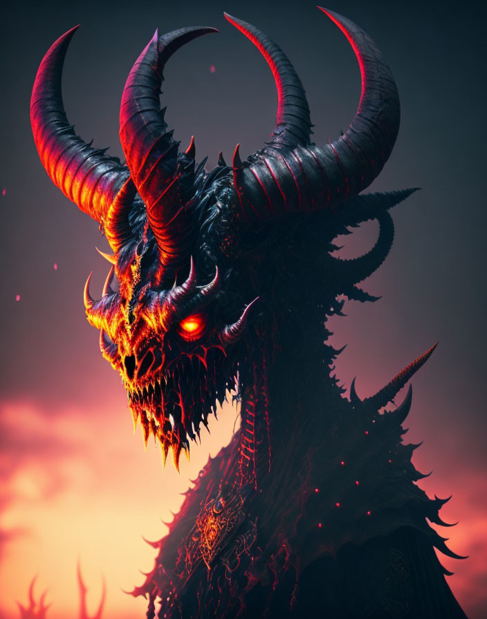 Horned fantasy creature in black armor with red eyes on dark background