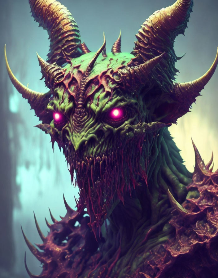 Sinister green creature with sharp horns and glowing red eyes in mystical scene