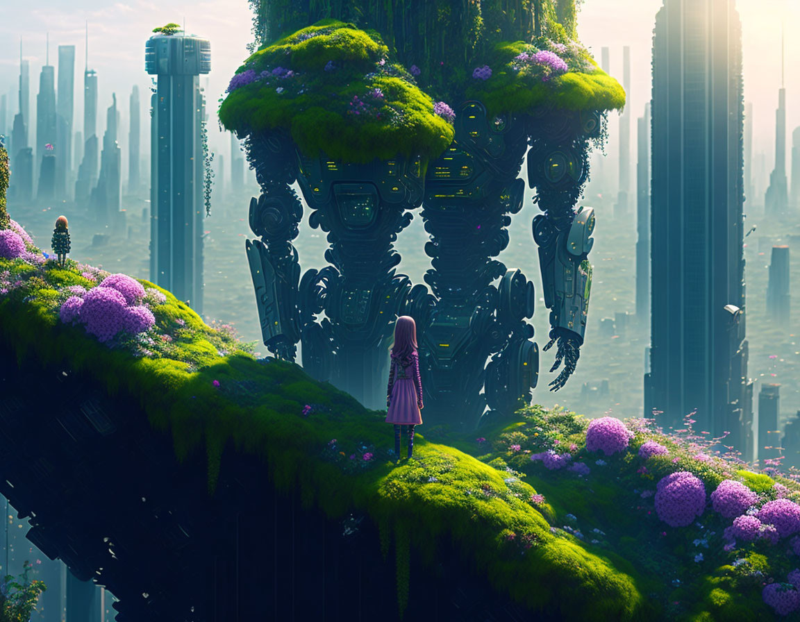 Young girl in pink with moss-covered robot in futuristic cityscape