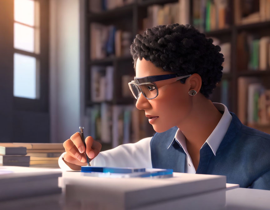 Animated character studying with glasses in warm-lit room surrounded by books