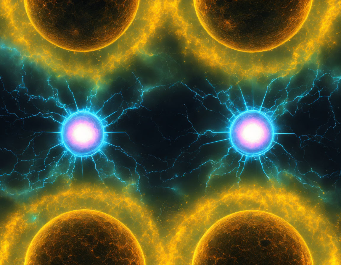 Bright Spheres with Electric Blue Plasma in Digital Art