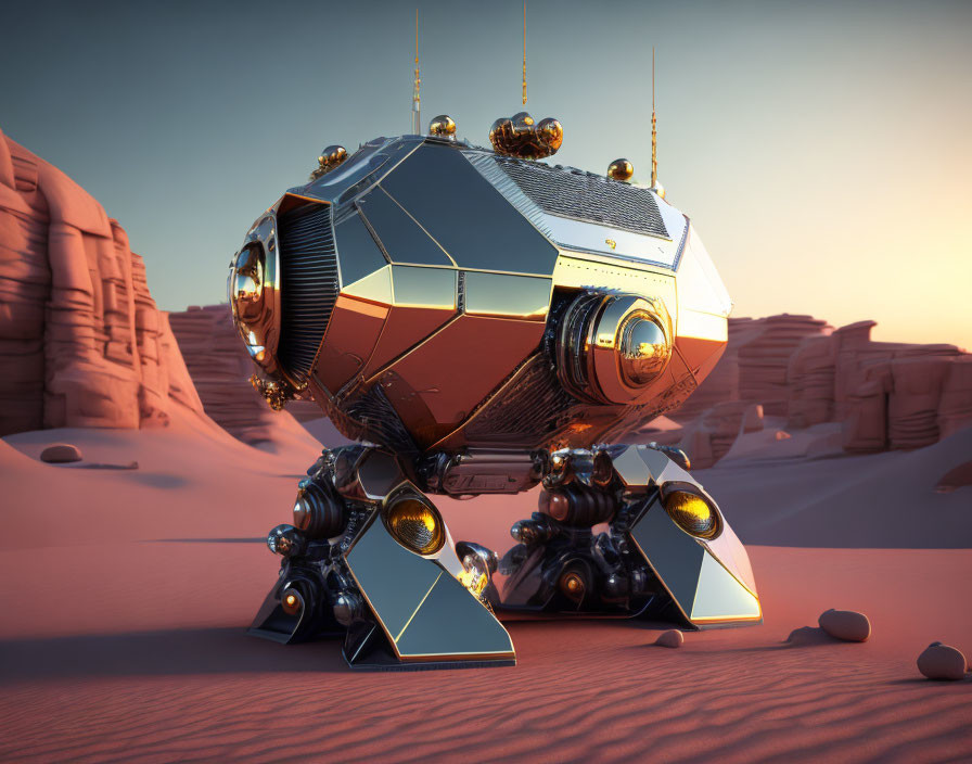 Futuristic spherical robot with metallic legs in desert landscape