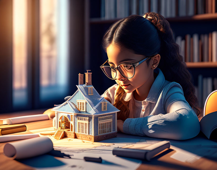 Young girl in glasses studies model house with blueprints and books in cozy room