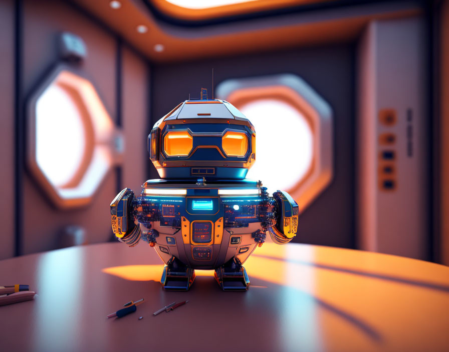 Futuristic humanoid robot in spaceship interior with lights and panels