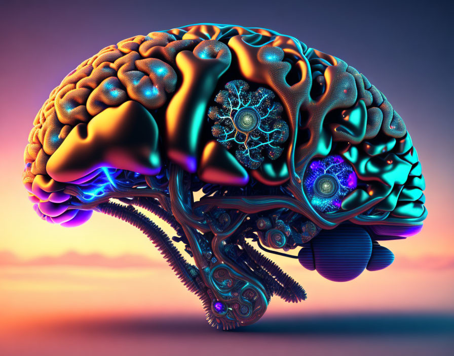 Surreal brain art with organic and mechanical elements in neon colors