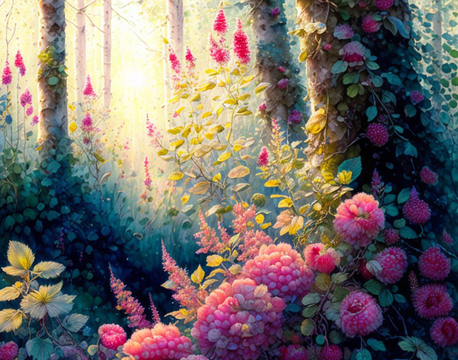 Enchanting forest scene with sunbeams, vibrant flowers, and lush greenery