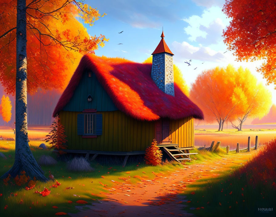 Cozy cottage with red thatched roof and tower in autumn setting