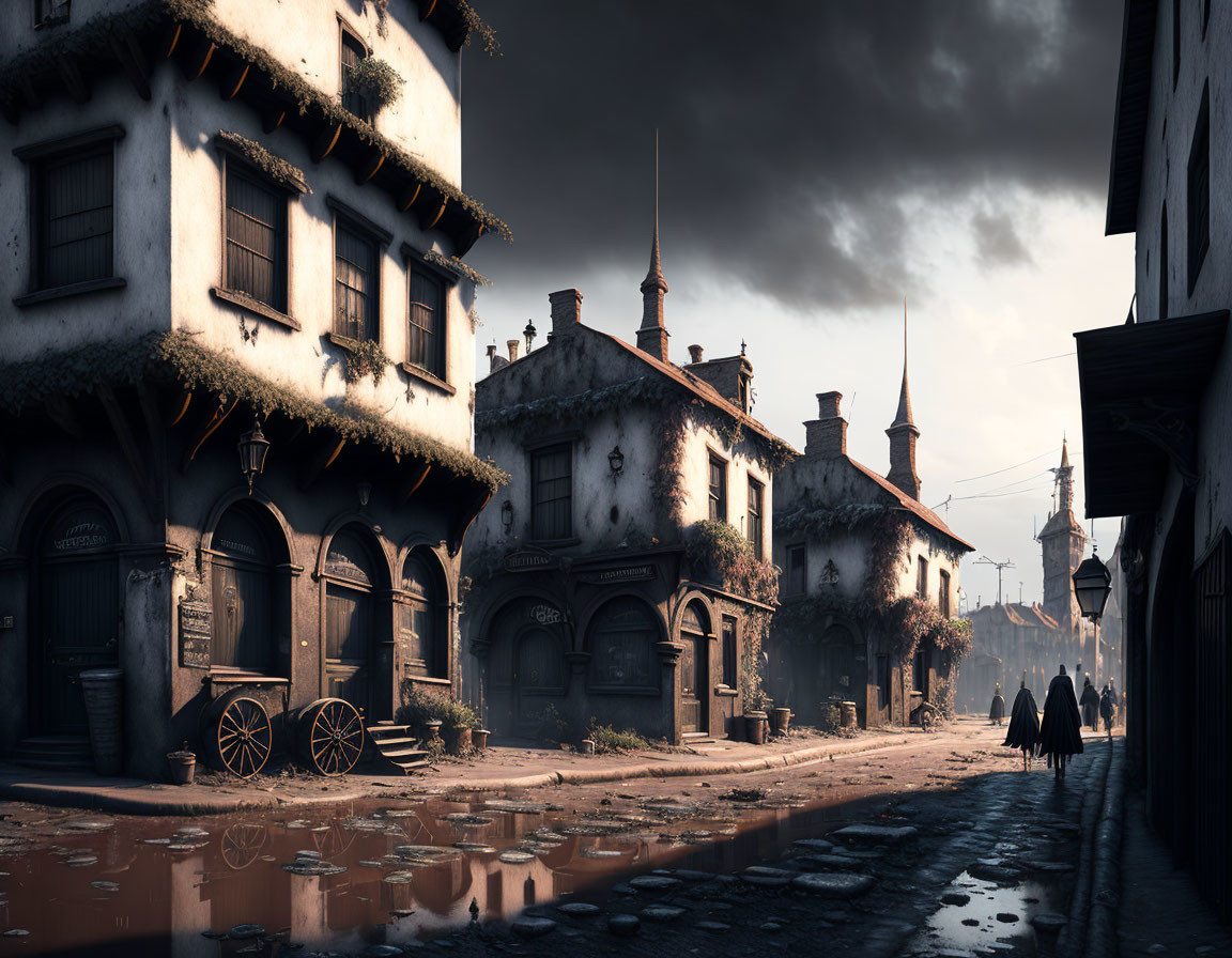 Historical cobblestone street with old buildings, pedestrians, and dramatic lighting reflection.