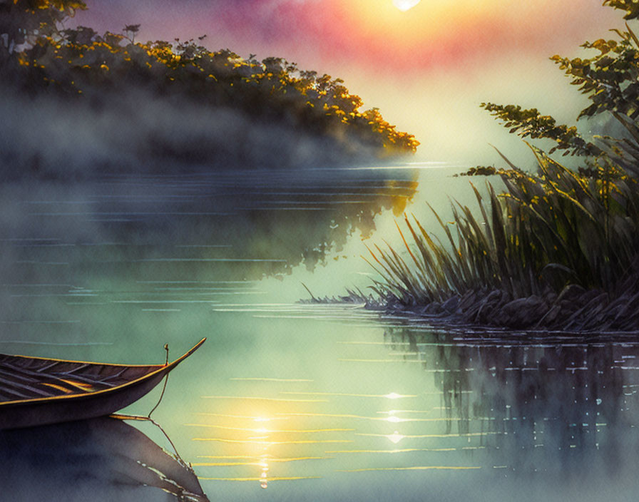 Misty lake sunrise watercolor with boat and greenery