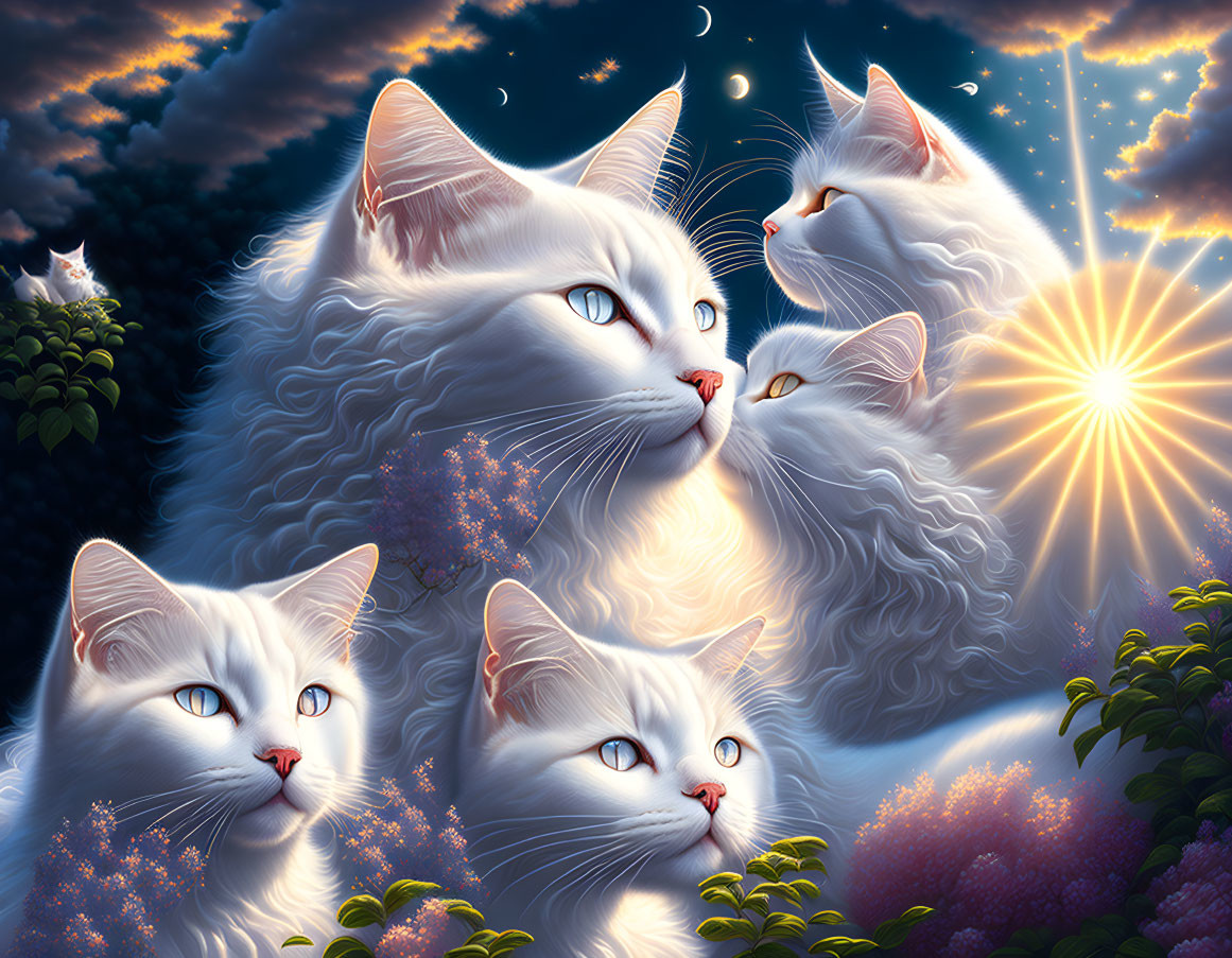 Multiple white cats in fantastical setting with sunburst sky and clouds